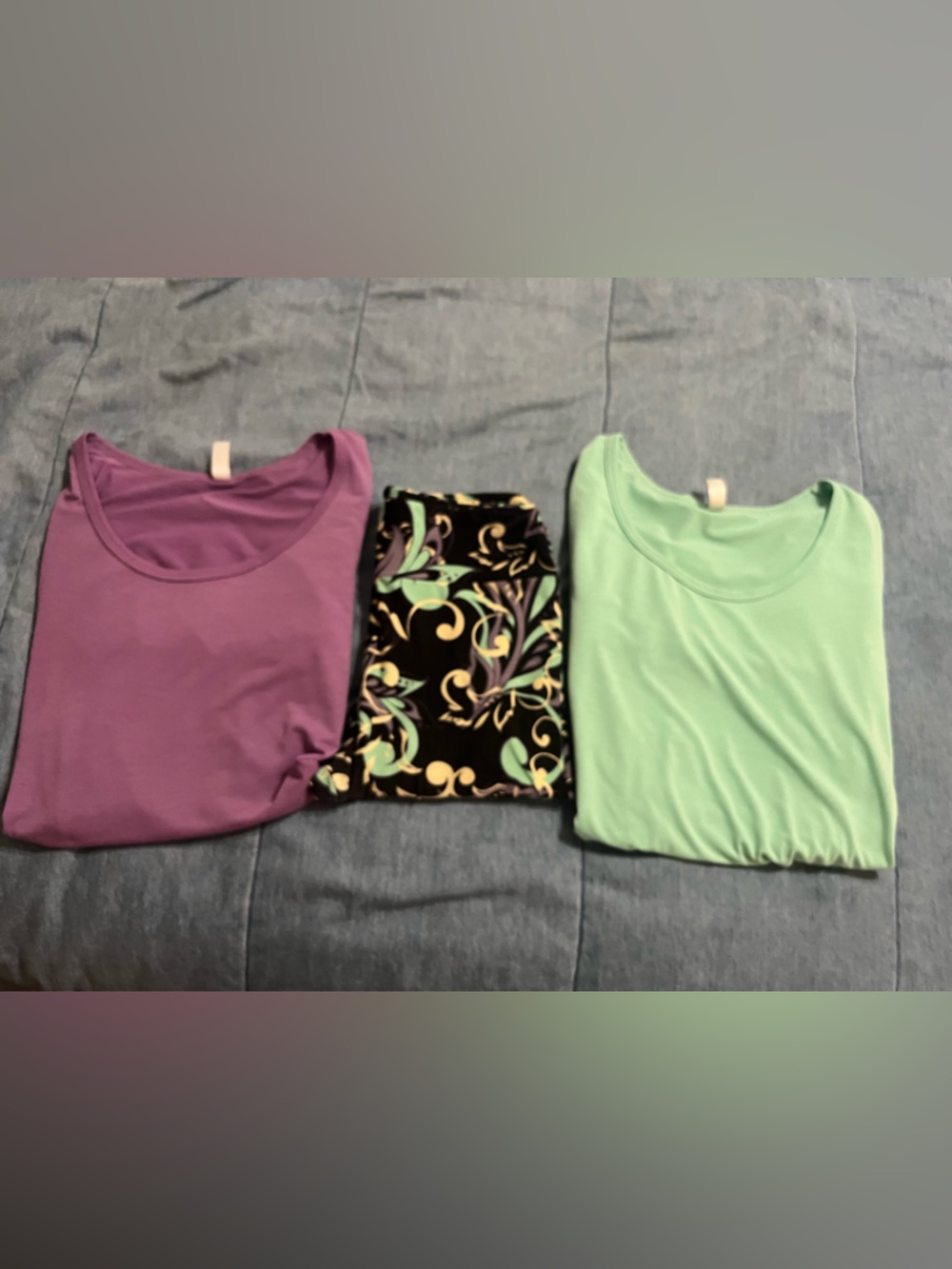 Light teal and purple top with leggings set